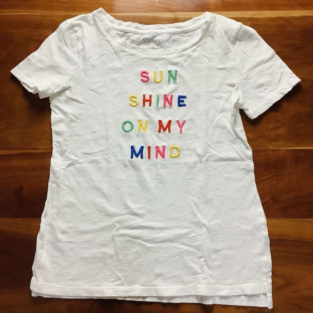 Talbots Petite T-Shirt P XS Embroidered Sunshine On My Mind White Preppy Beach